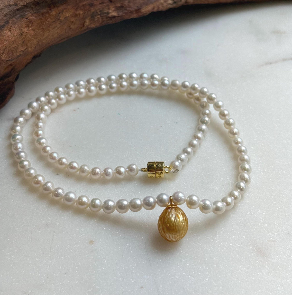 Elly’s Set 17.3” South sea carved golden ocean Freshwater white pearls necklace: 10.1mm Extreme luster, s925 silver necklace. high quality golden ocean pearl necklace strand for her mother’s Day gift