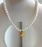 Elly’s Set 17.3” South sea carved golden ocean Freshwater white pearls necklace: 10.1mm Extreme luster, s925 silver necklace. high quality golden ocean pearl necklace strand for her retirement