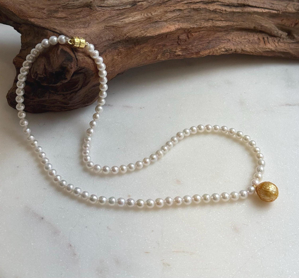 Elly’s Set 17.3” South sea carved golden ocean Freshwater white pearls necklace: 10.1mm Extreme luster, s925 silver necklace. high quality golden ocean pearl necklace strand for her