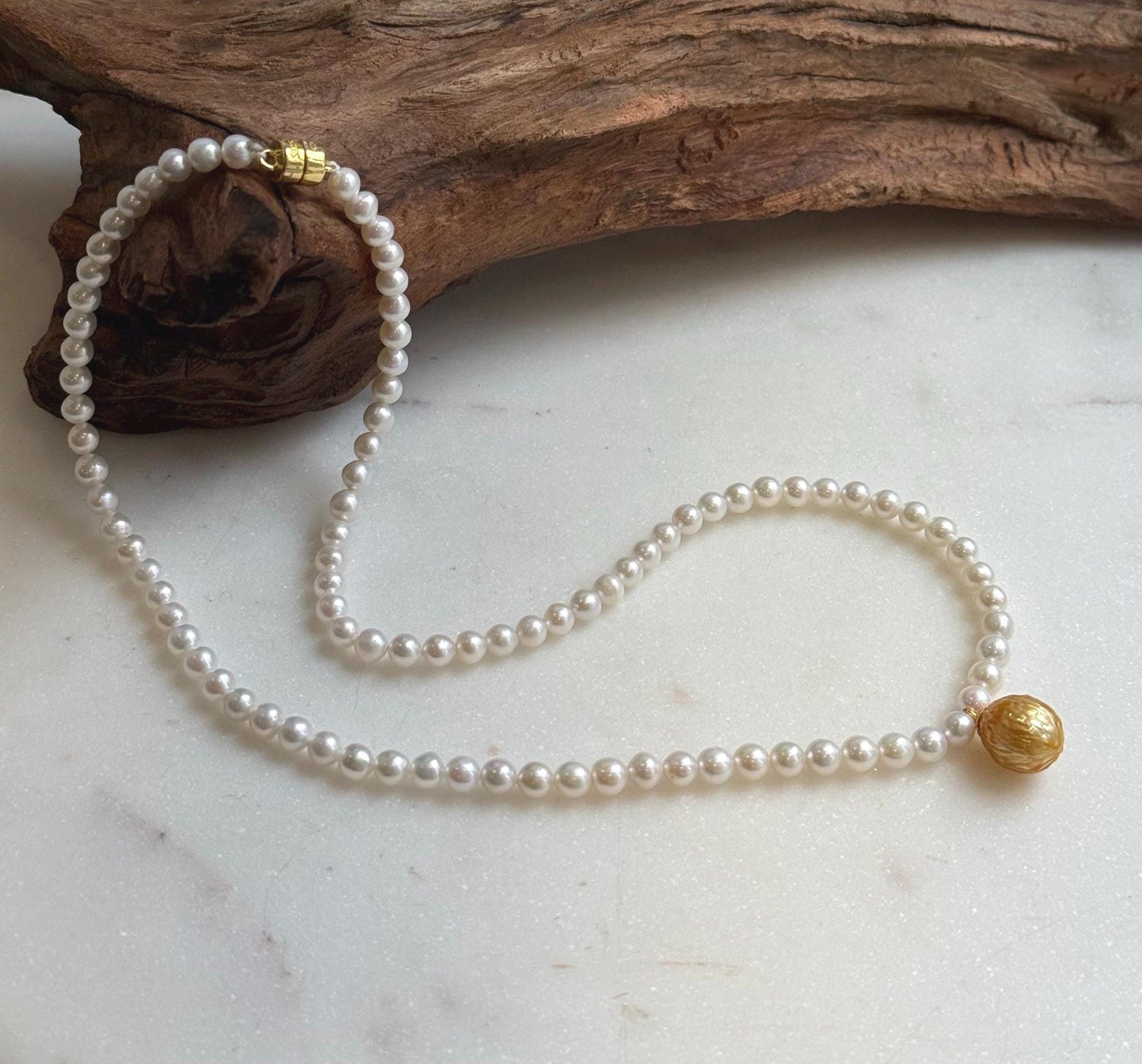 Elly’s Set 17.3” South sea carved golden ocean Freshwater white pearls necklace: 10.1mm Extreme luster, s925 silver necklace. high quality golden ocean pearl necklace strand for her