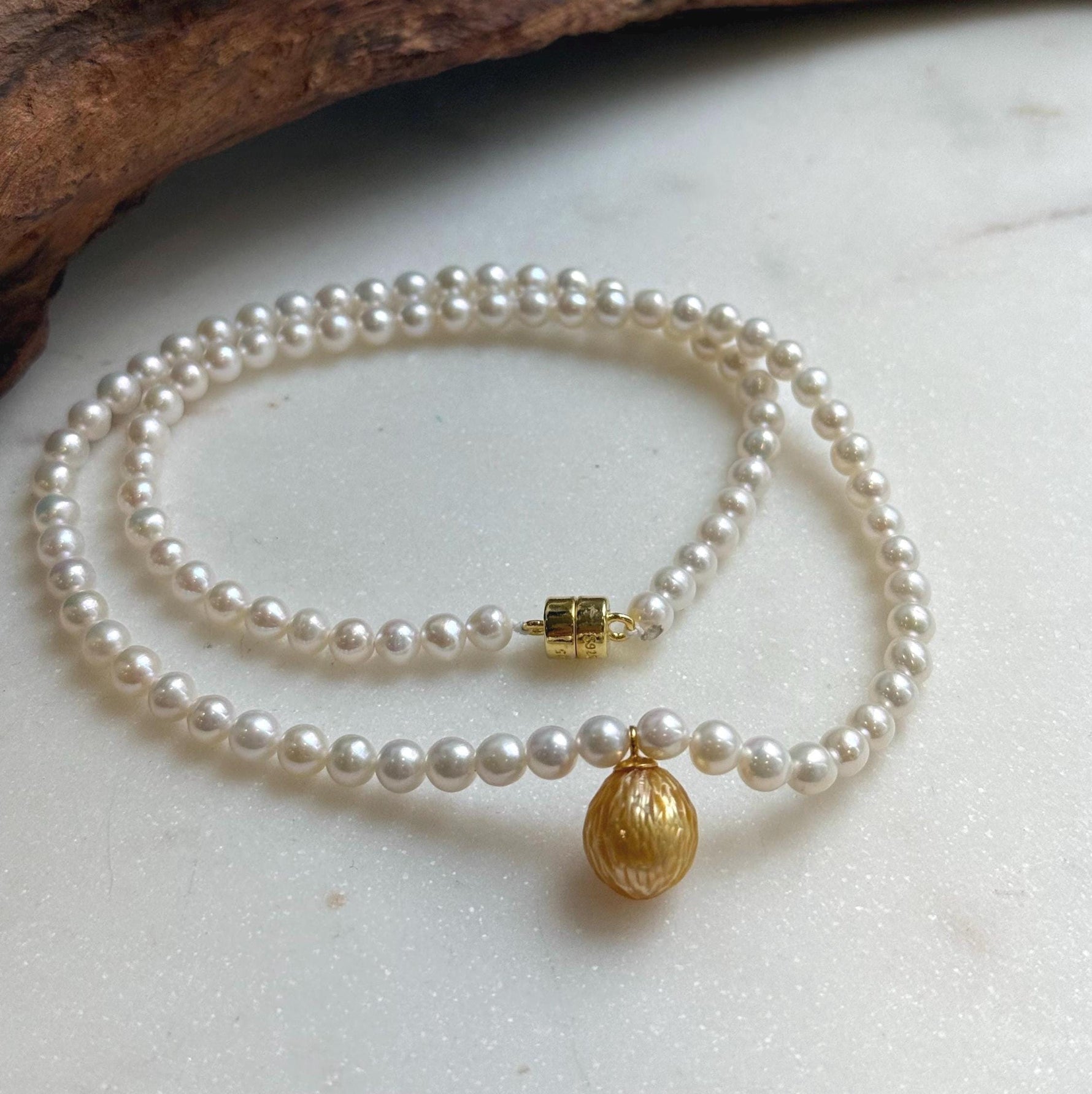 Elly’s Set 17.3” South sea carved golden ocean Freshwater white pearls necklace: 10.1mm Extreme luster, s925 silver necklace. high quality golden ocean pearl necklace strand for her