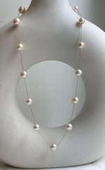Elly’s Au750 18K Gold, extreme luster Mirrored, 14pcs Akoya Ivory Ocean Pearls  vintage Satellite Necklace, 7-7.9mm, to 17.5”. high quality 18k real gold ocean pearls satellite necklace for her birthday