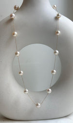 Elly’s Au750 18K Gold, extreme luster Mirrored, 14pcs Akoya Ivory Ocean Pearls  vintage Satellite Necklace, 7-7.9mm, to 17.5”. high quality 18k real gold ocean pearls satellite necklace for her holiday