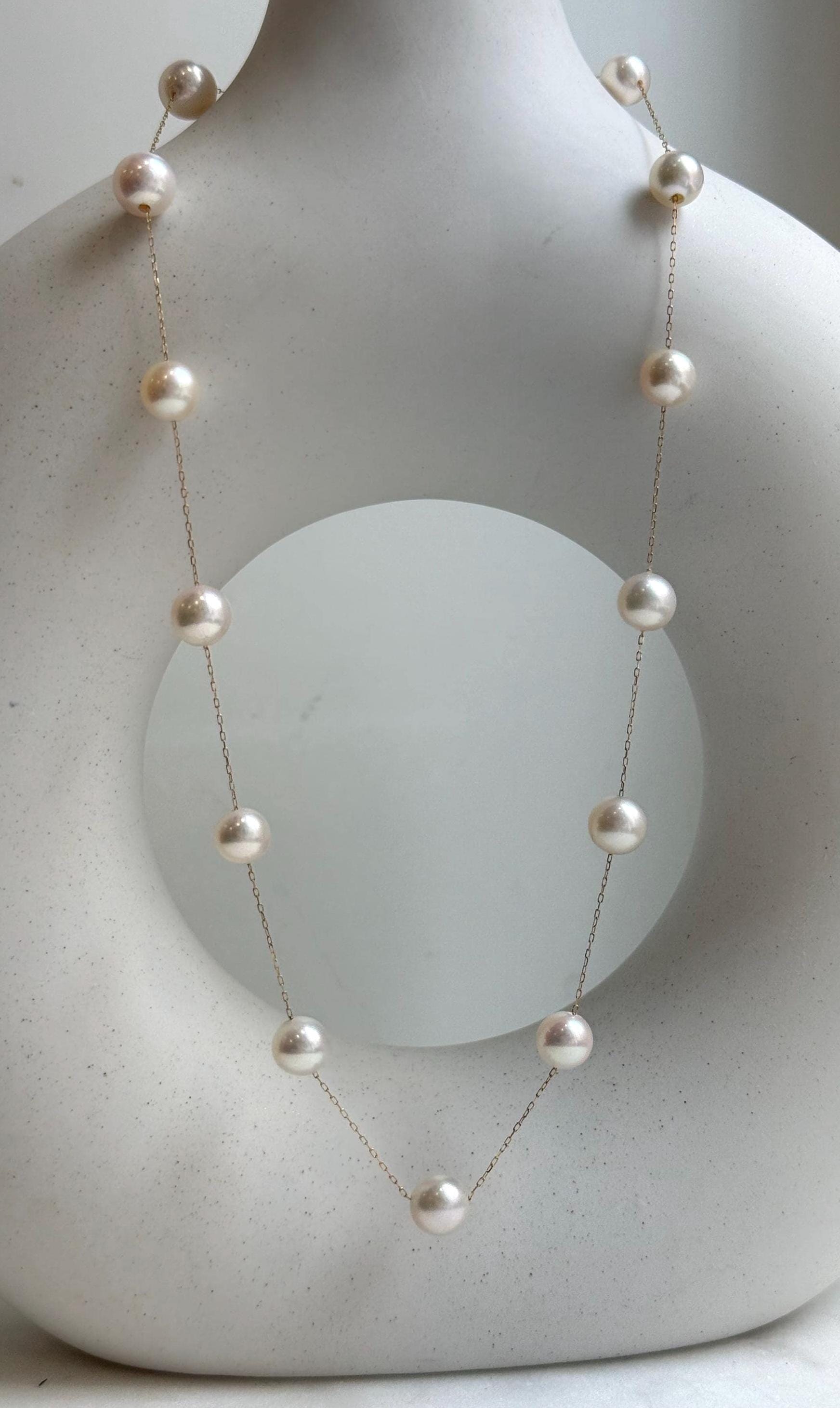 Elly’s Au750 18K Gold, extreme luster Mirrored, 14pcs Akoya Ivory Ocean Pearls  vintage Satellite Necklace, 7-7.9mm, to 17.5”. high quality 18k real gold ocean pearls satellite necklace for her holiday