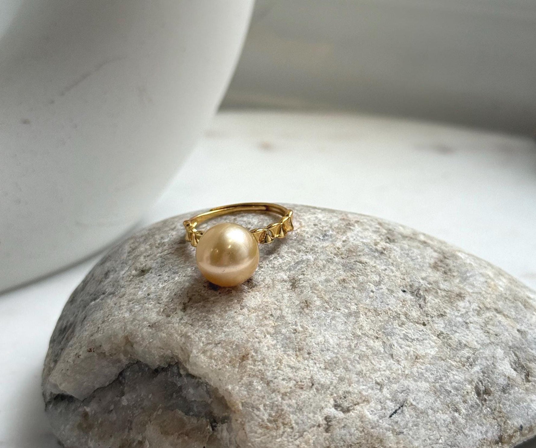 Elly’s 10.5mm South sea ultra gold ocean pearl Ring: Extreme luster, S925 silver with gold plated adjustable minimalist Ring. daily office golden pearl ring for her
