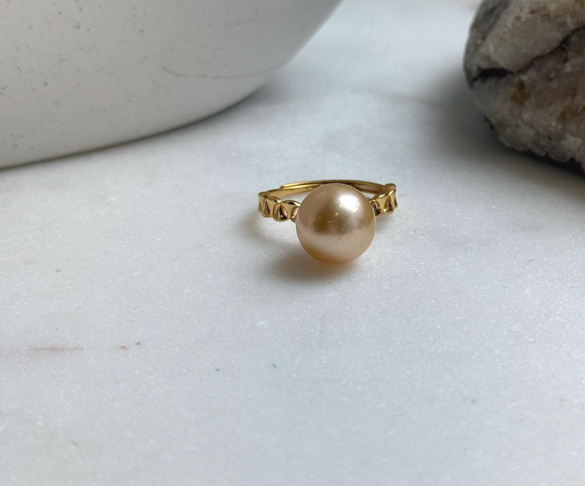 Elly’s 10.5mm South sea ultra gold ocean pearl Ring: Extreme luster, S925 silver with gold plated adjustable minimalist Ring. daily office golden pearl ring for her anniversary