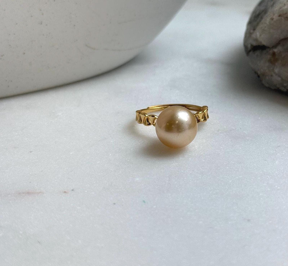 Elly’s 10.5mm South sea ultra gold ocean pearl Ring: Extreme luster, S925 silver with gold plated adjustable minimalist Ring. daily office golden pearl ring for her holiday