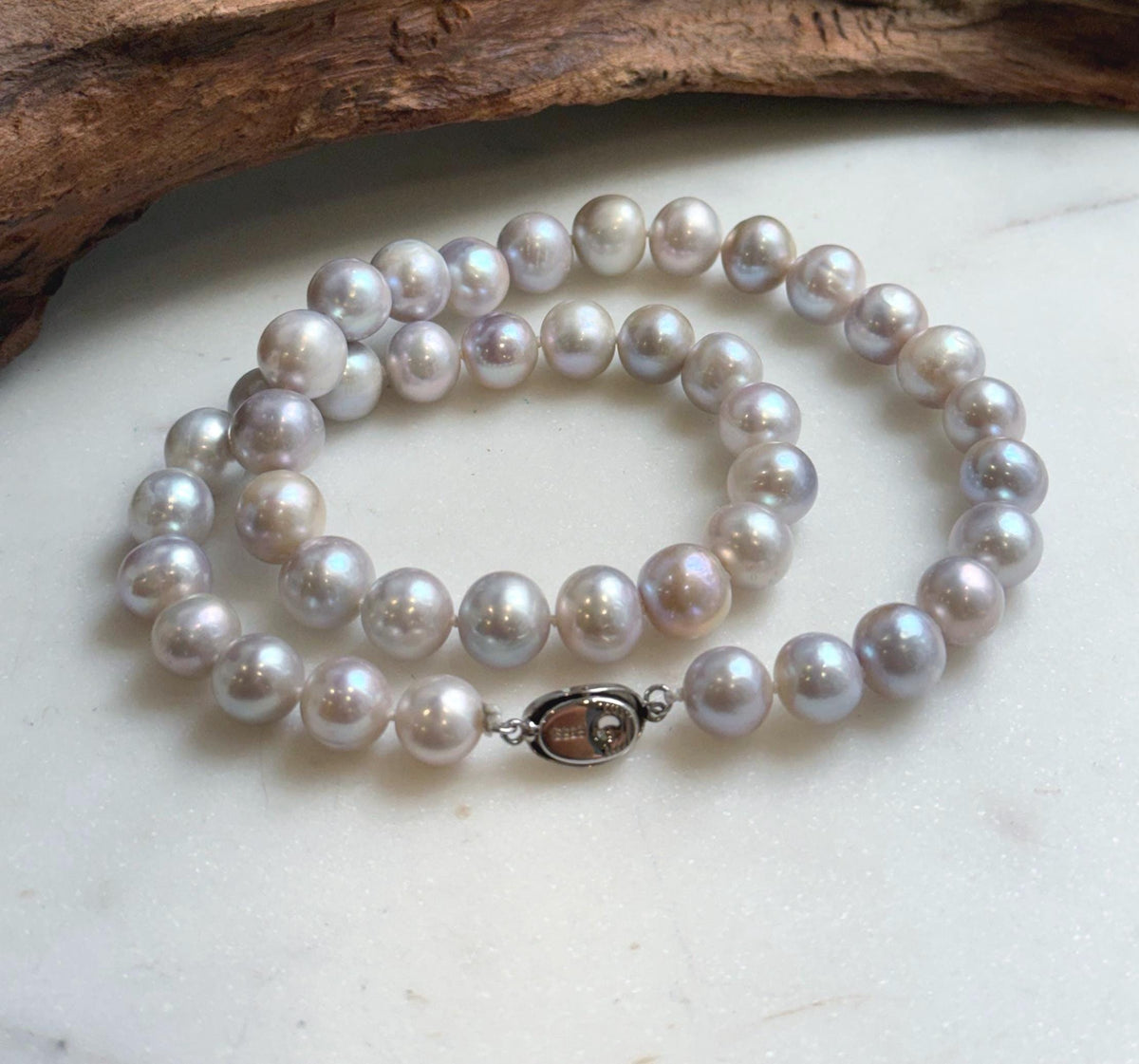 Elly’s Morandi Pink lilac grey round  oval Pearls Necklace Strand: Extreme luster mirrored, 9.1-10.6mm, 17.6”, S925 silver necklace. Pearl necklace strand for her anniversary