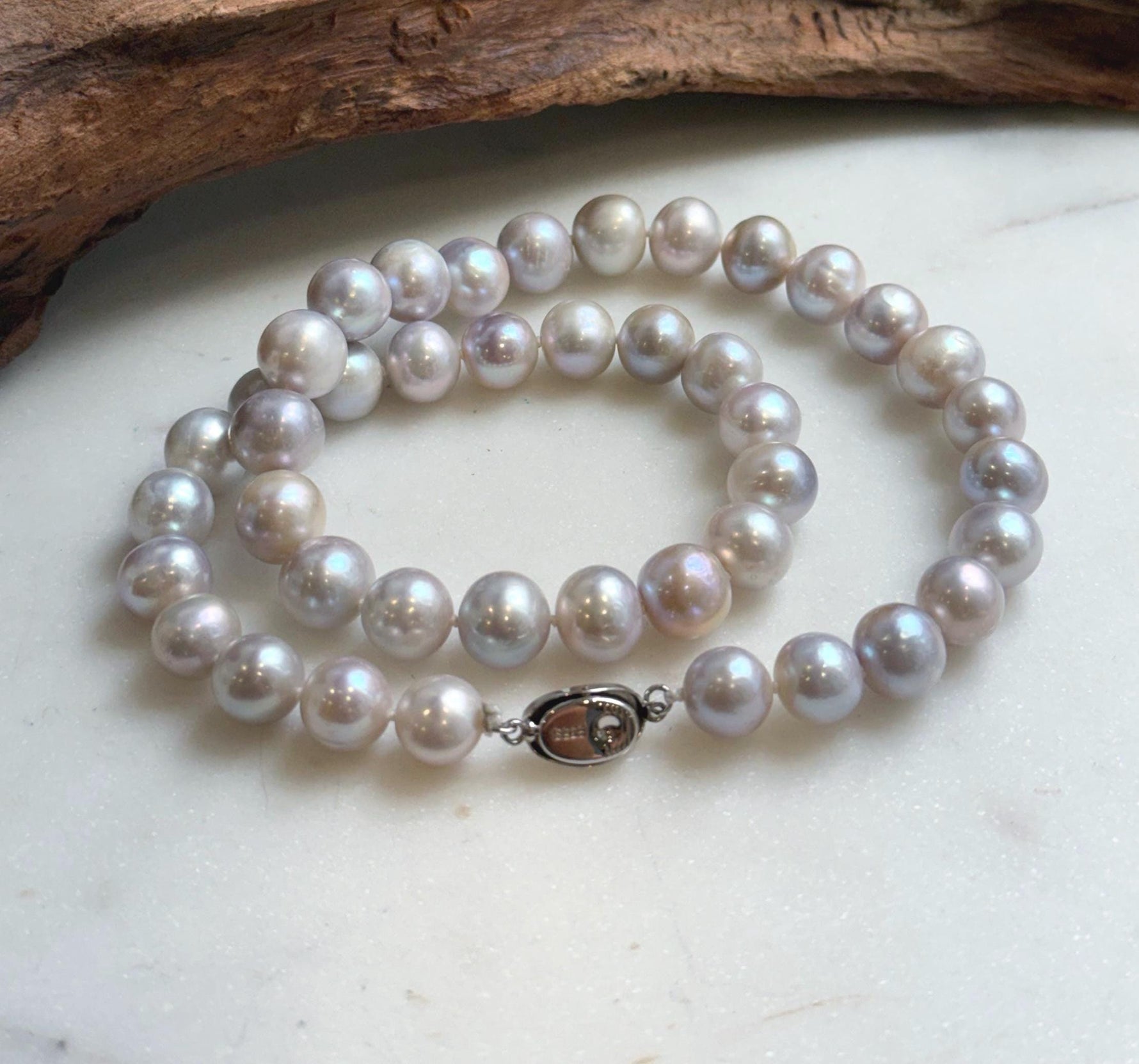 Elly’s Morandi Pink lilac grey round  oval Pearls Necklace Strand: Extreme luster mirrored, 9.1-10.6mm, 17.6”, S925 silver necklace. Pearl necklace strand for her anniversary