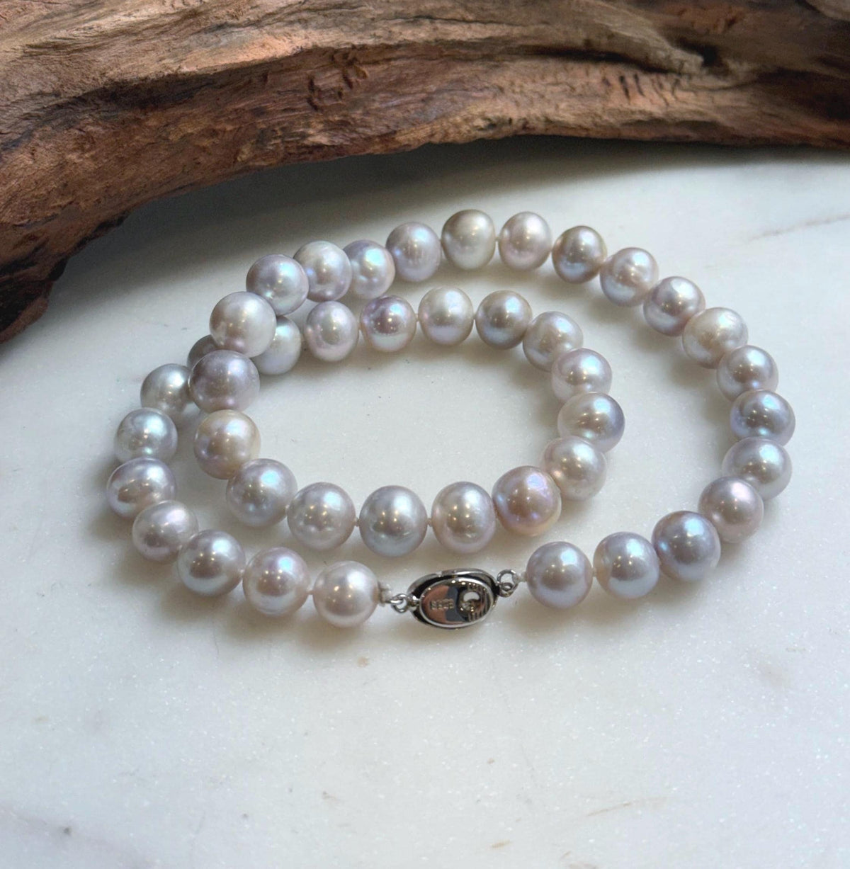 Elly’s Morandi Pink lilac grey round  oval Pearls Necklace Strand: Extreme luster mirrored, 9.1-10.6mm, 17.6”, S925 silver necklace. Pearl necklace strand for her