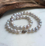 Elly’s Morandi Pink lilac grey round  oval Pearls Necklace Strand: Extreme luster mirrored, 9.1-10.6mm, 17.6”, S925 silver necklace. Pearl necklace strand for her