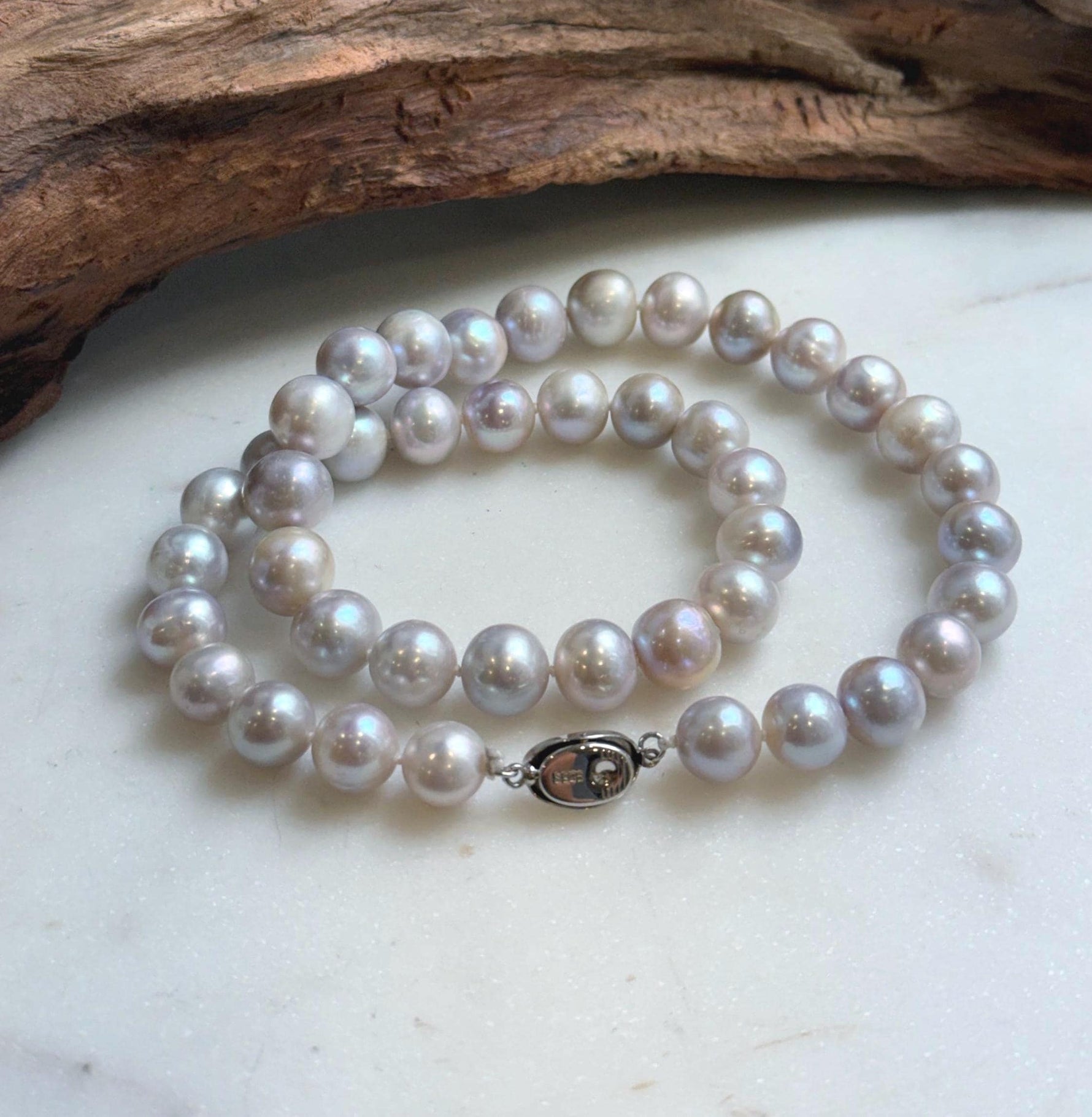 Elly’s Morandi Pink lilac grey round  oval Pearls Necklace Strand: Extreme luster mirrored, 9.1-10.6mm, 17.6”, S925 silver necklace. Pearl necklace strand for her