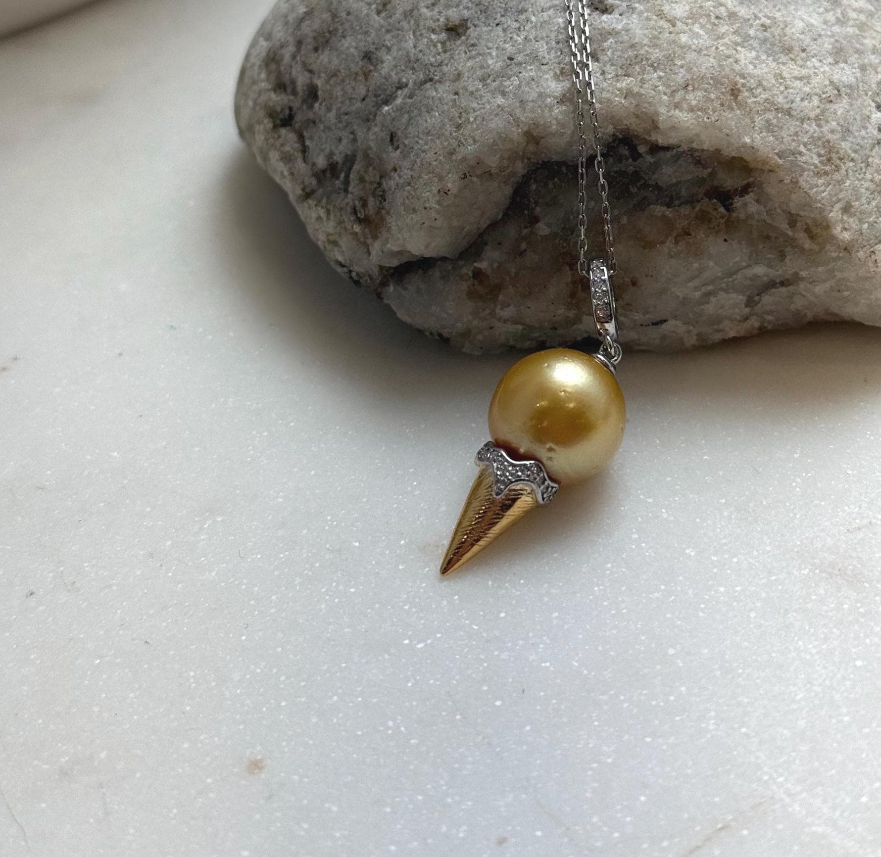 Elly’s 13.3mm Genius South sea deep gold ocean pearl Pendant: Extreme luster, 3.7cm high, s925 silver 18k gold plated pendant. daily office golden pearl pendant for her