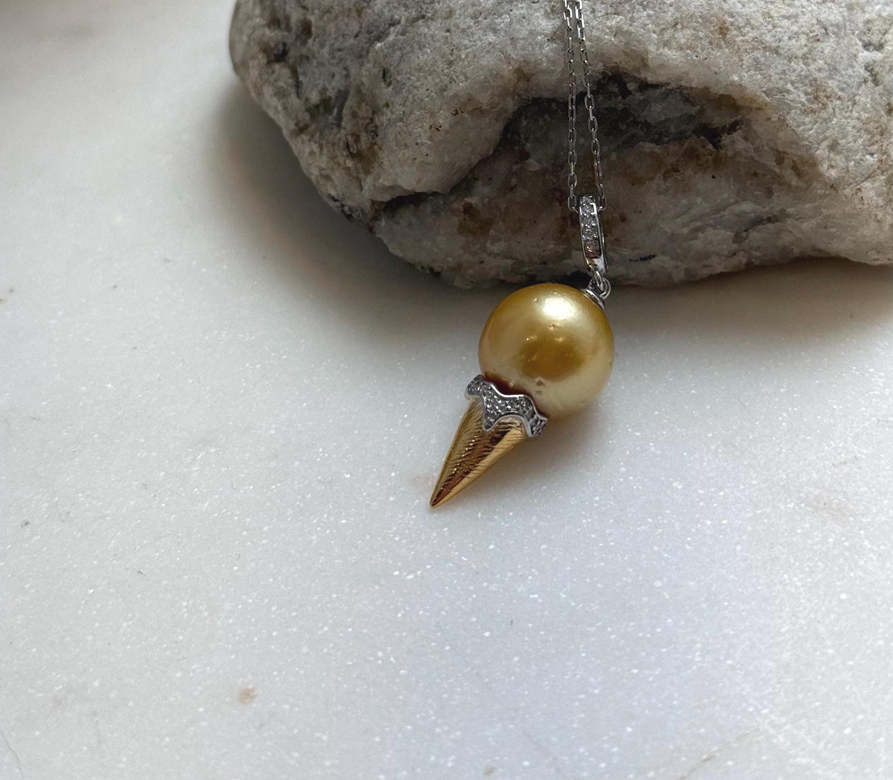 Elly’s 13.3mm Genius South sea deep gold ocean pearl Pendant: Extreme luster, 3.7cm high, s925 silver 18k gold plated pendant. daily office golden pearl pendant for her anniversary