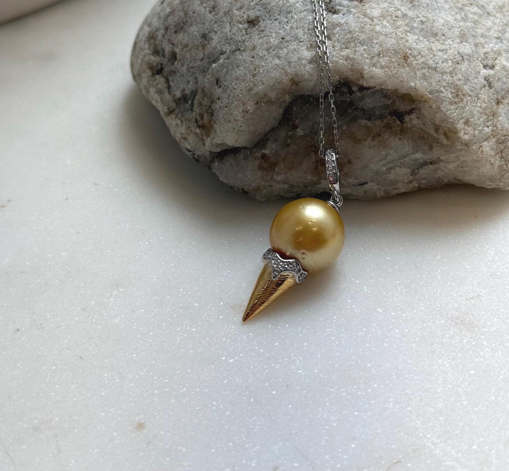 Elly’s 13.3mm Genius South sea deep gold ocean pearl Pendant: Extreme luster, 3.7cm high, s925 silver 18k gold plated pendant. daily office golden pearl pendant for her