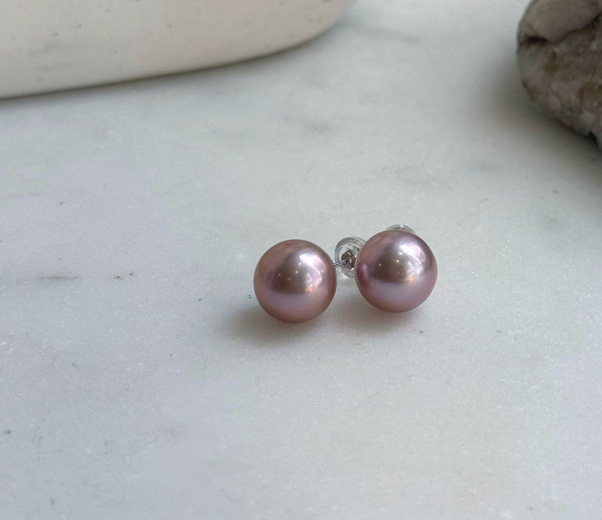 Elly’s 10.7mm Pink Rose Edison Pearls Earrings Studs: Extreme luster Mirrored, S925 silver minimalist earring. daily office pearl earrings for her