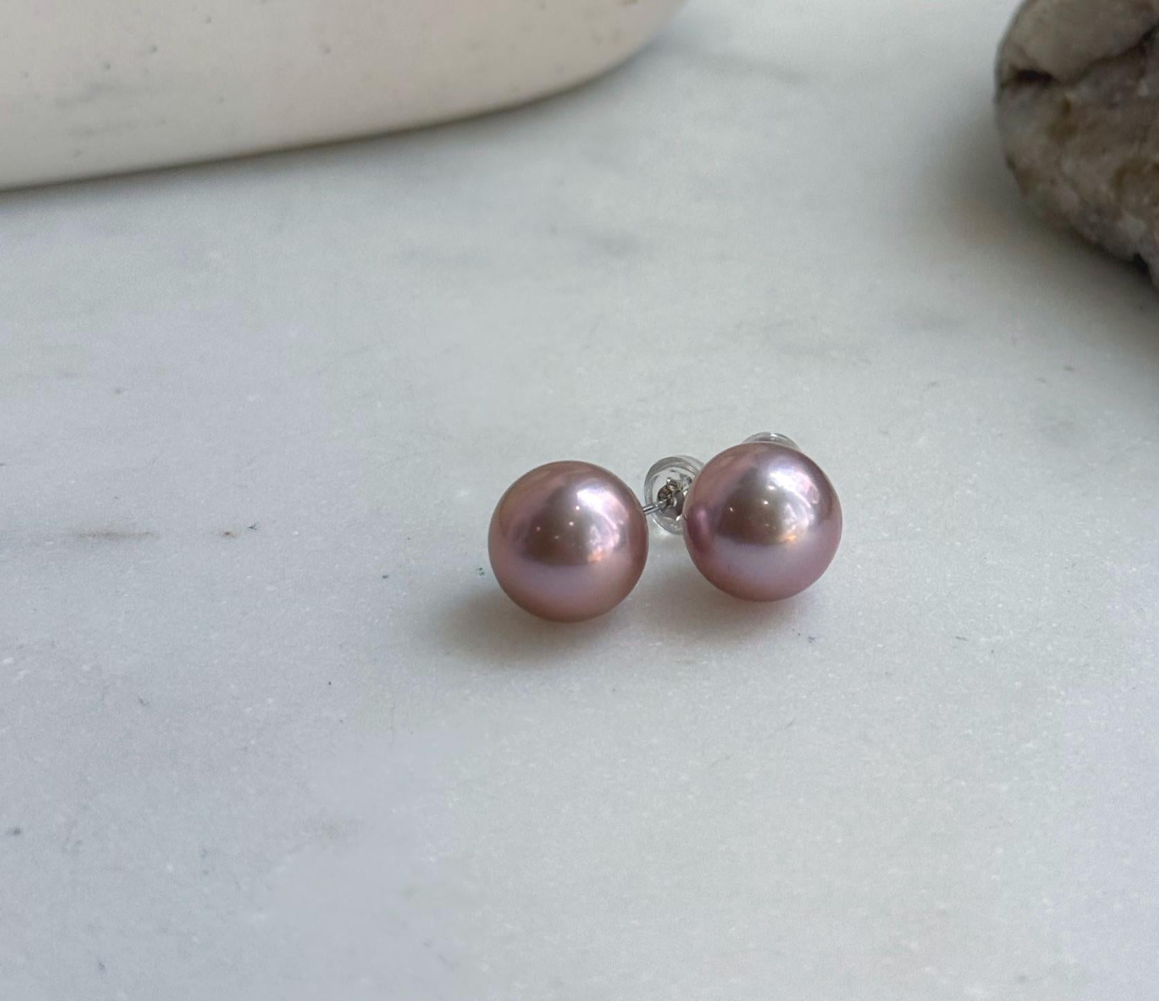 Elly’s 10.7mm Pink Rose Edison Pearls Earrings Studs: Extreme luster Mirrored, S925 silver minimalist earring. daily office pearl earrings for her