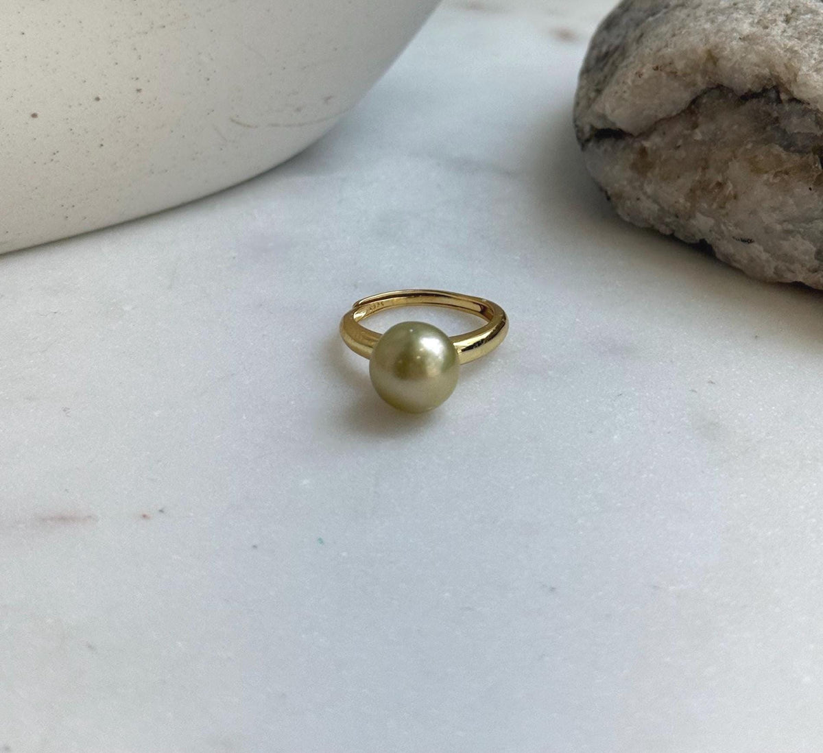 Elly’s 10mm South sea deep tea gold ocean pearl Ring: Extreme luster, S925 silver with gold plated adjustable minimalist Ring. golden pearl ring gift for her holiday