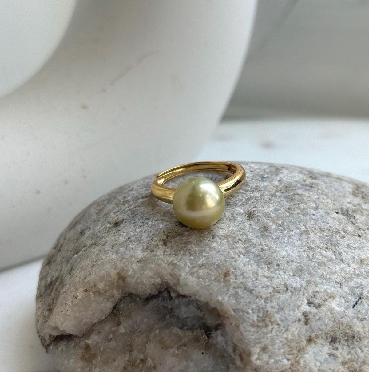 Elly’s 10mm South sea deep tea gold ocean pearl Ring: Extreme luster, S925 silver with gold plated adjustable minimalist Ring. golden pearl ring gift for her