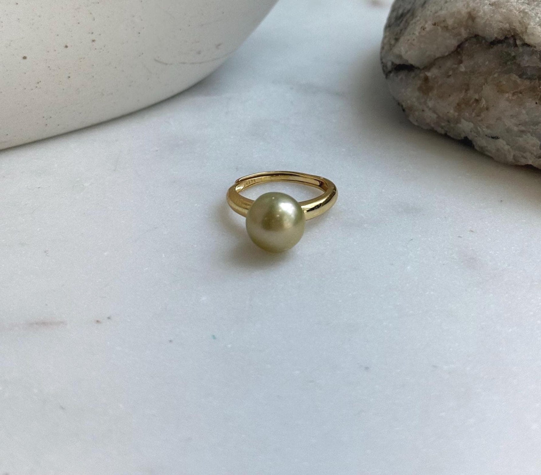 Elly’s 10mm South sea deep tea gold ocean pearl Ring: Extreme luster, S925 silver with gold plated adjustable minimalist Ring. golden pearl ring gift for her