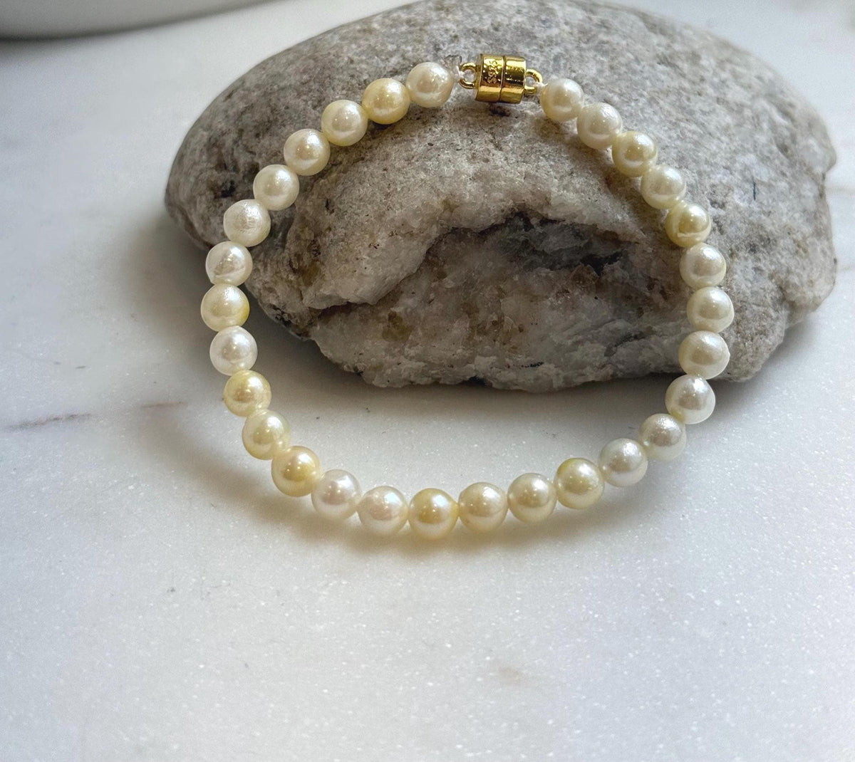 Elly’s 5.5-6mm Genius Akoya golden ocean Pearls Bracelet: Extreme luster mirrored, 7.1”, S925 silver Bracelet. daily office golden ocean pearl bracelet for her Mother’s Day gift