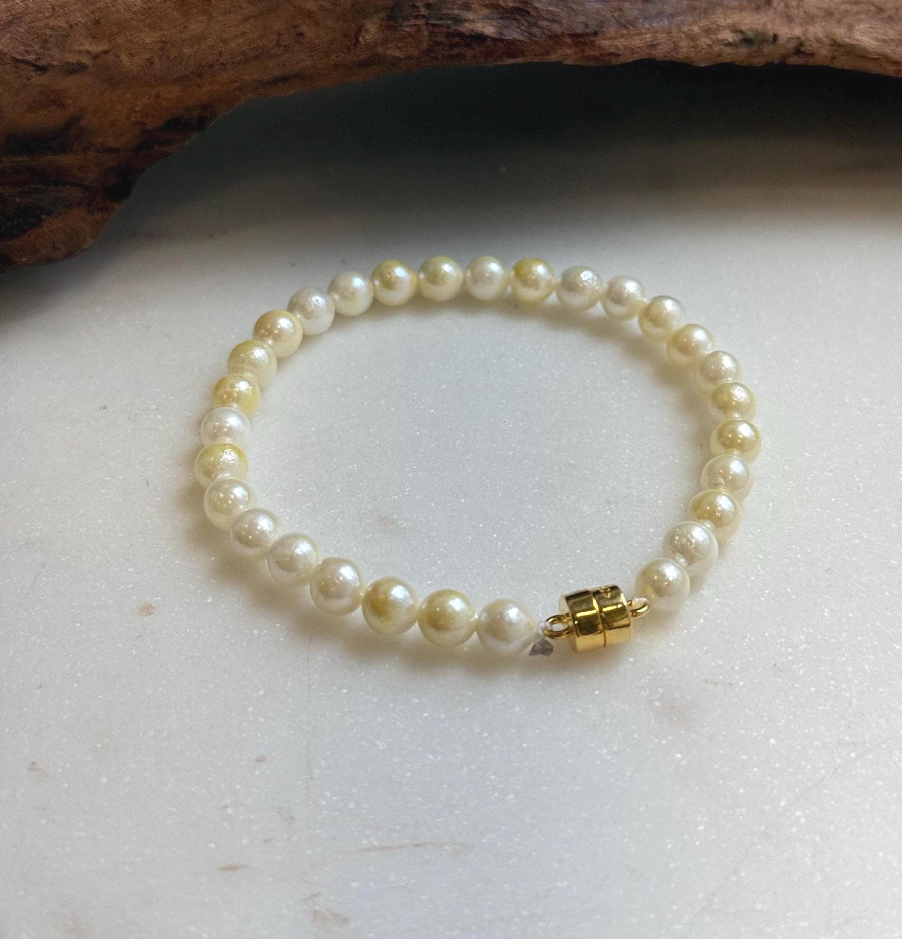 Elly’s 5.5-6mm Genius Akoya golden ocean Pearls Bracelet: Extreme luster mirrored, 7.1”, S925 silver Bracelet. daily office golden ocean pearl bracelet for her