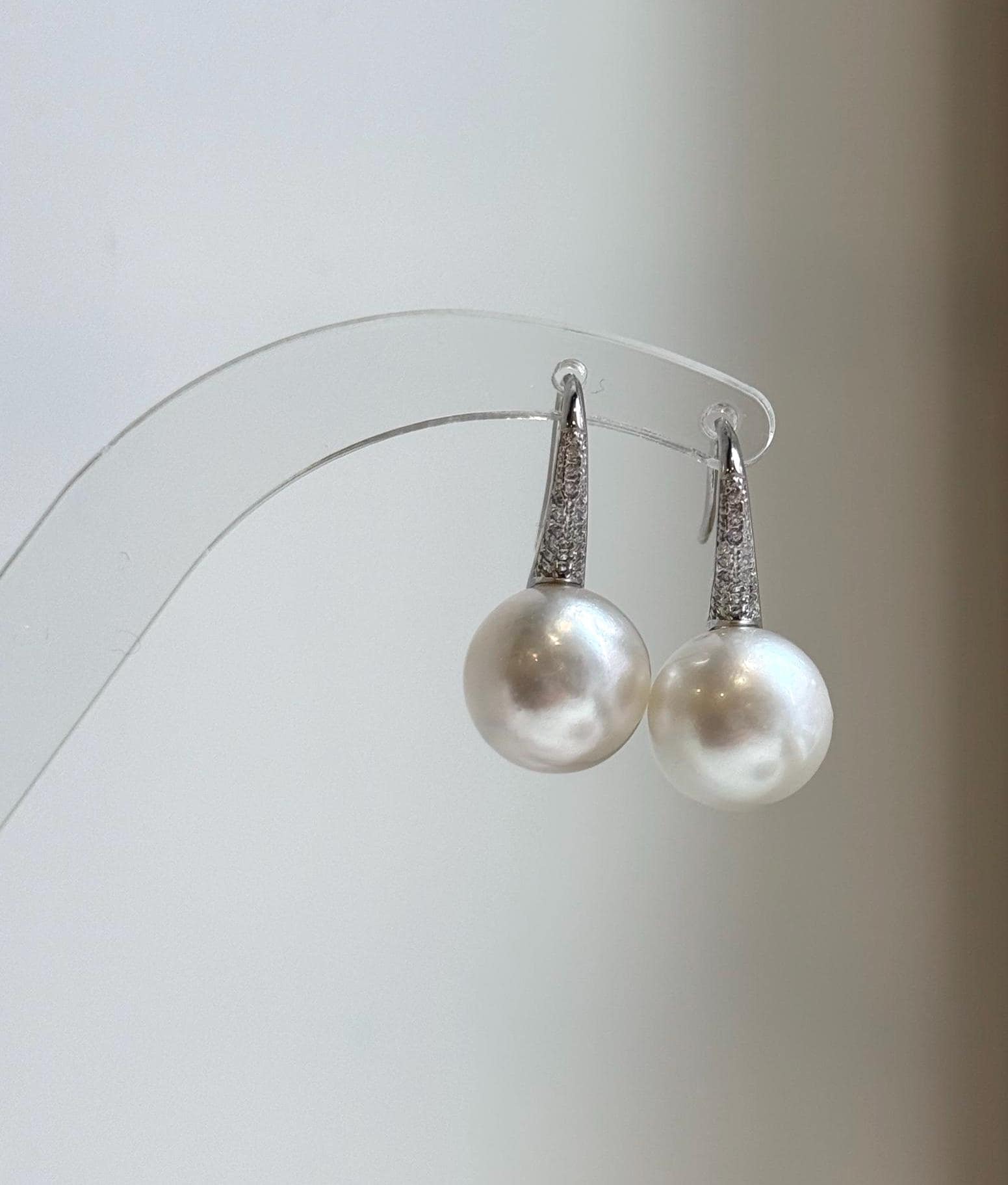 Elly’s 12.4mm Australian white ocean Pearls minimalist earrings hooks: Extreme luster, 2.5cm high, s925 silver earrings Studs. daily office white ocean pearls earrings hooks for her birthday