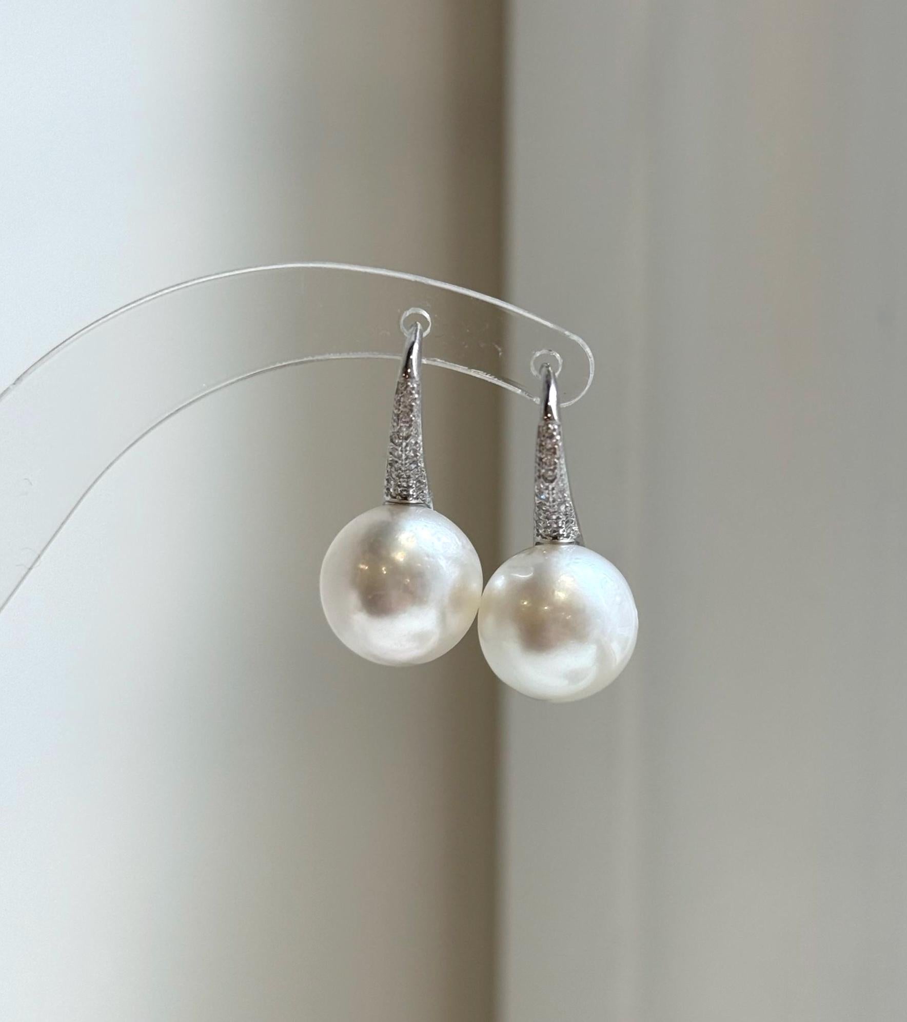Elly’s 12.4mm Australian white ocean Pearls minimalist earrings hooks: Extreme luster, 2.5cm high, s925 silver earrings Studs. daily office white ocean pearls earrings hooks for her anniversary