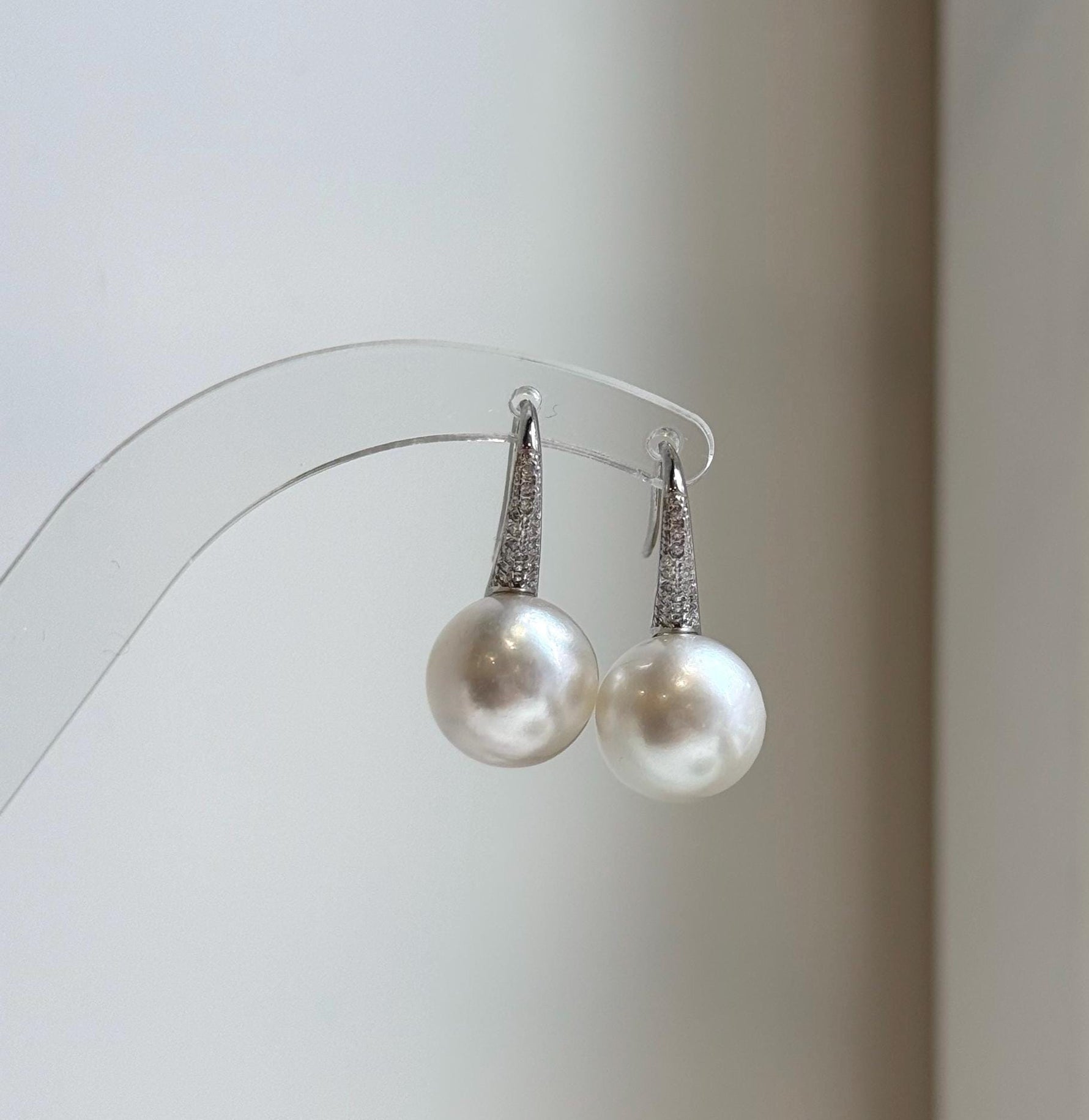 Elly’s 12.4mm Australian white ocean Pearls minimalist earrings hooks: Extreme luster, 2.5cm high, s925 silver earrings Studs. daily office white ocean pearls earrings hooks for her Mother’s Day gift