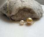 Elly’s Double Au750 18k Gold 7.7-11.9mm South sea golden Akoya Ocean Pearls Floating pendants:Extreme luster mirrored. high quality golden ocean pearl 18k floating pendant for her Mother’s Day gift