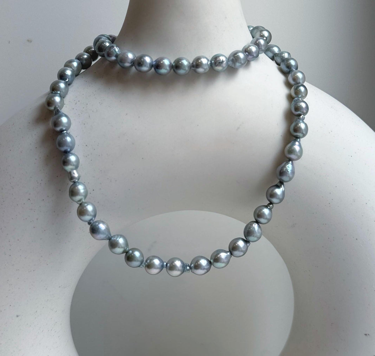 Elly’s 5.6-6mm Akoya Silver Blue ocean pearls necklace:Extreme luster mirrored, 17.6”, S925 silver necklace strand.