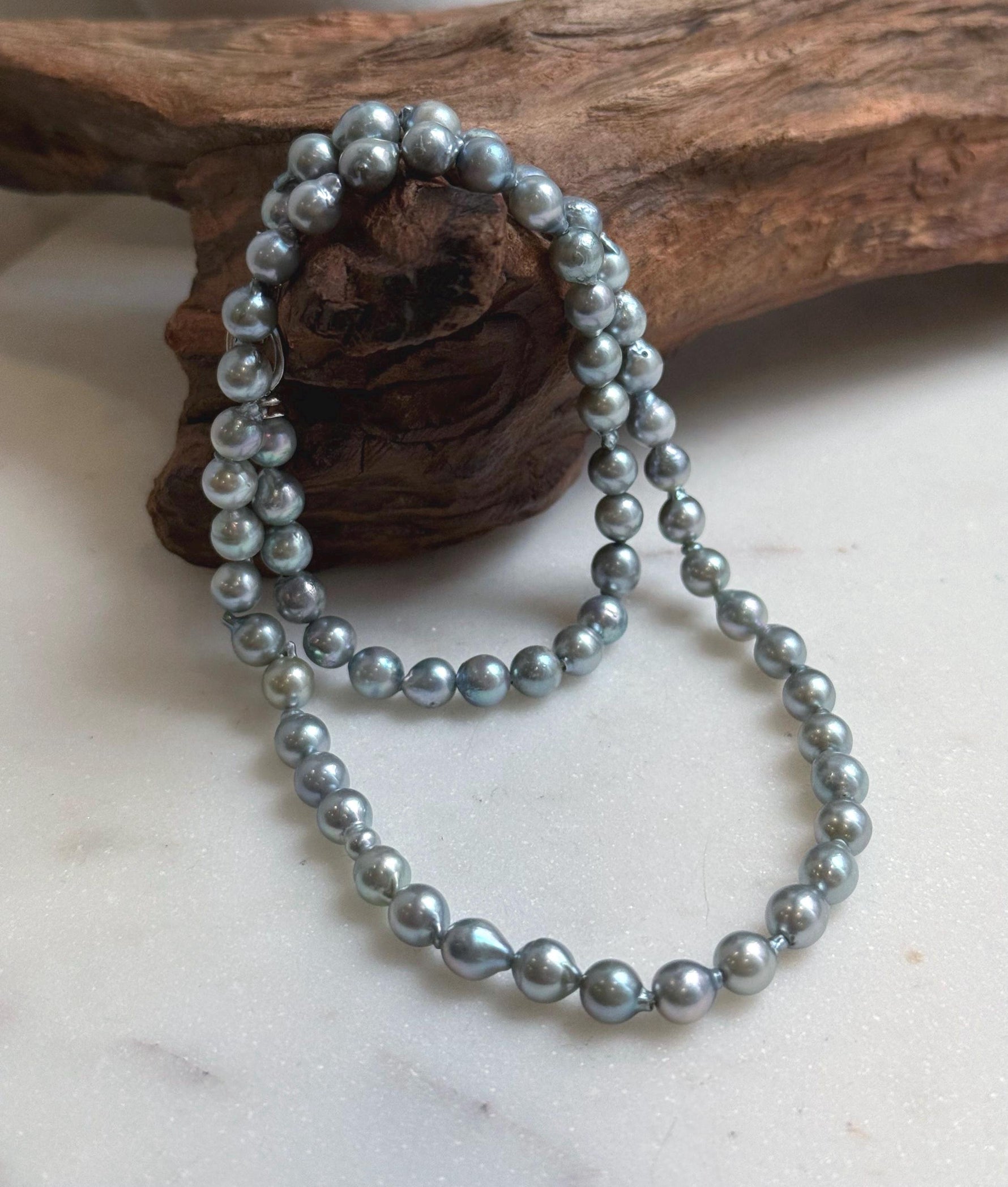 Elly’s 5.6-6mm Akoya Silver Blue ocean pearls necklace:Extreme luster mirrored, 17.6”, S925 silver necklace strand.