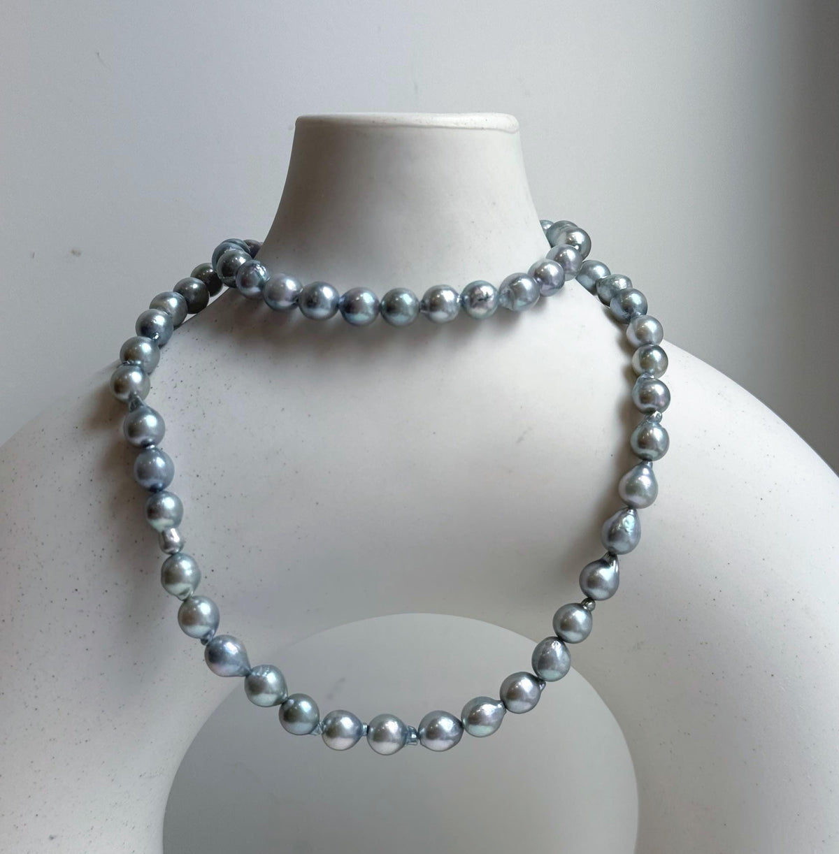 Elly’s 5.6-6mm Akoya Silver Blue ocean pearls necklace:Extreme luster mirrored, 17.6”, S925 silver necklace strand.
