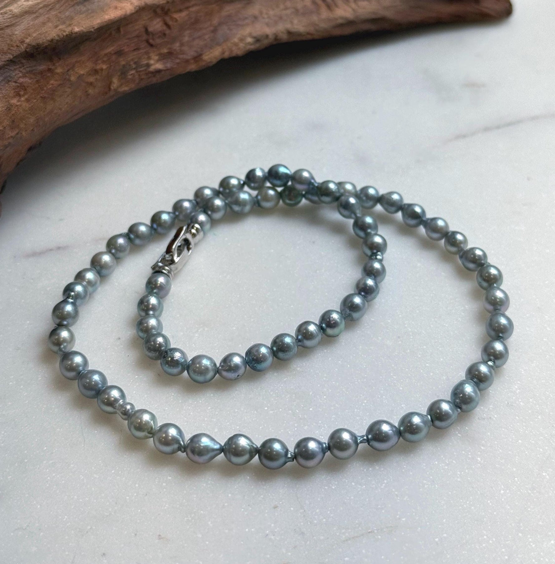 Elly’s 5.6-6mm Akoya Silver Blue ocean pearls necklace:Extreme luster mirrored, 17.6”, S925 silver necklace strand.