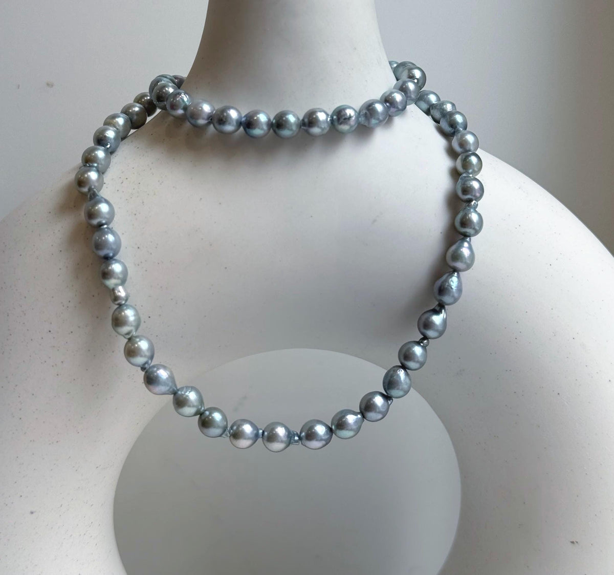Elly’s 5.6-6mm Akoya Silver Blue ocean pearls necklace:Extreme luster mirrored, 17.6”, S925 silver necklace strand.