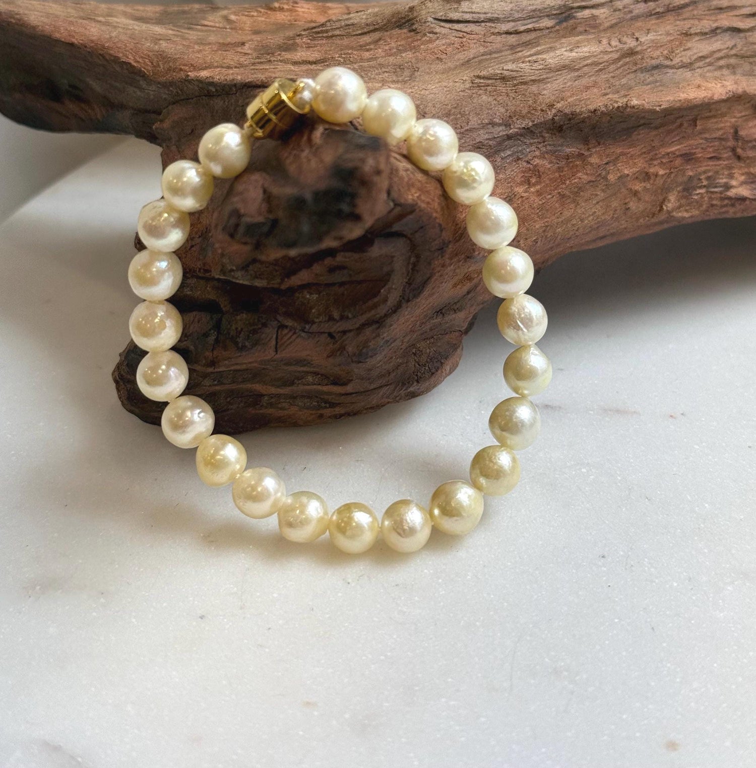 Elly’s 6.9-7.5mm Genius Akoya light golden ocean Pearls Bracelet: Extreme luster mirrored, S925 silver Bracelet. different sizes.