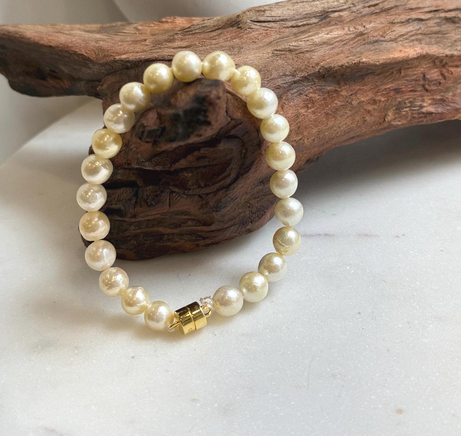 Elly’s 6.9-7.5mm Genius Akoya light golden ocean Pearls Bracelet: Extreme luster mirrored, S925 silver Bracelet. different sizes.