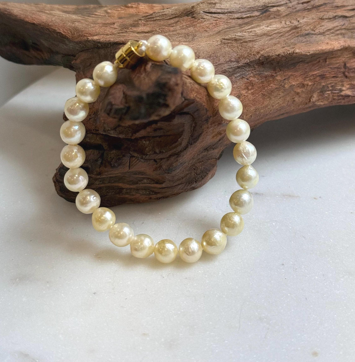 Elly’s 6.9-7.5mm Genius Akoya light golden ocean Pearls Bracelet: Extreme luster mirrored, S925 silver Bracelet. different sizes.