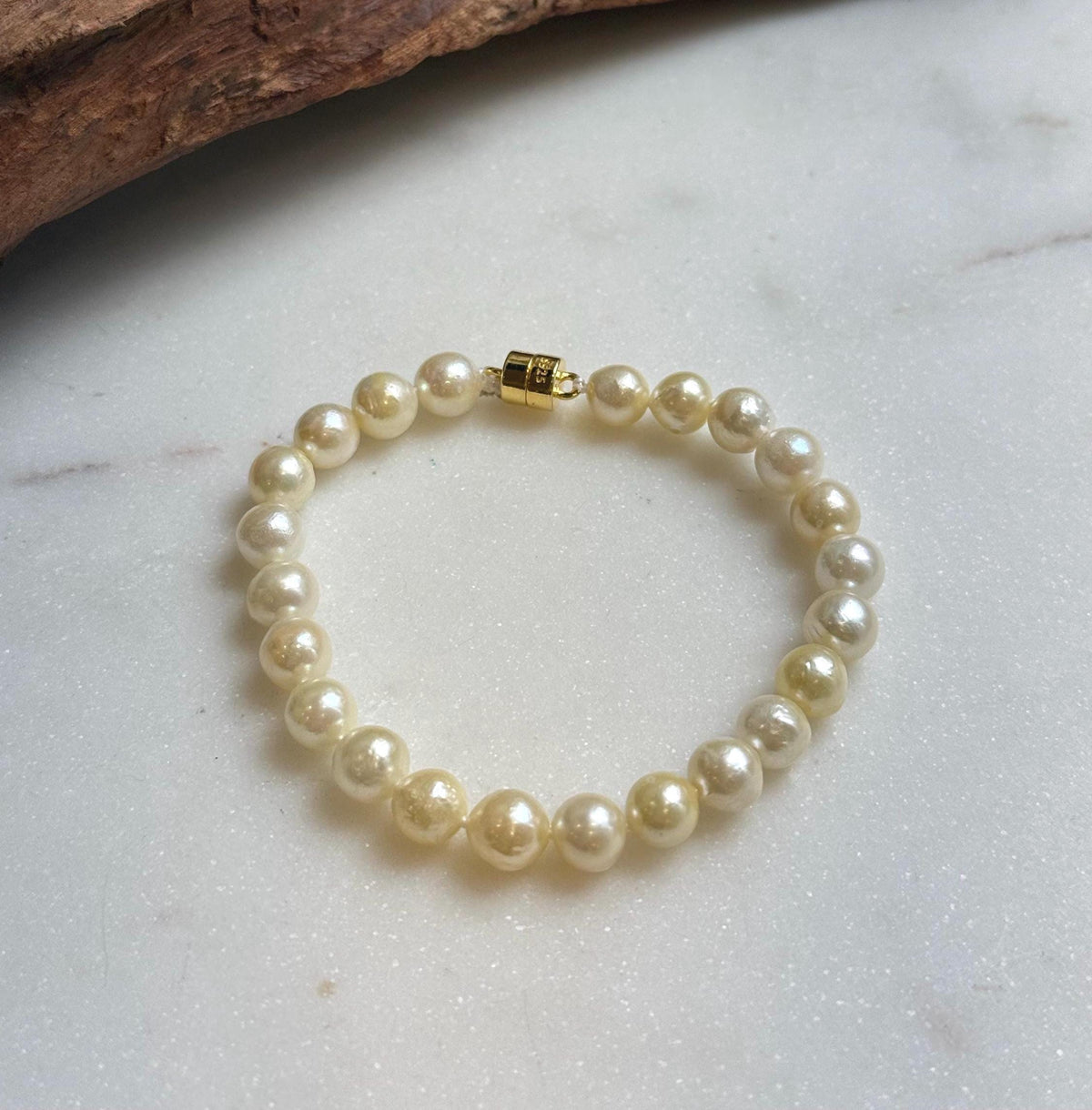 Elly’s 6.9-7.5mm Genius Akoya light golden ocean Pearls Bracelet: Extreme luster mirrored, S925 silver Bracelet. different sizes.