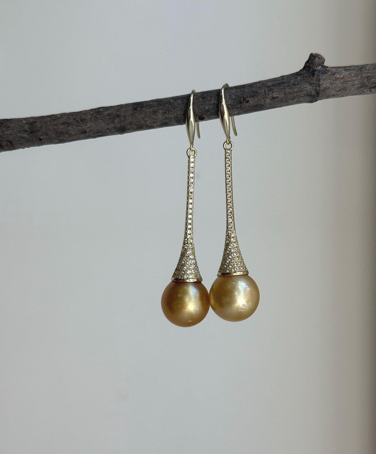 Elly’s 11mm Genius South sea deep golden ocean Pearls Earrings hooks: Extreme luster mirrored, 5.1cm high, S925 silver earrings.