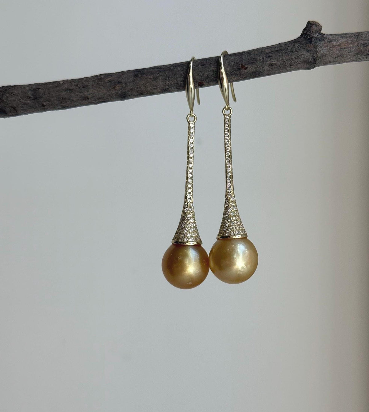 Elly’s 11mm Genius South sea deep golden ocean Pearls Earrings hooks: Extreme luster mirrored, 5.1cm high, S925 silver earrings.