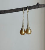 Elly’s 11mm Genius South sea deep golden ocean Pearls Earrings hooks: Extreme luster mirrored, 5.1cm high, S925 silver earrings.