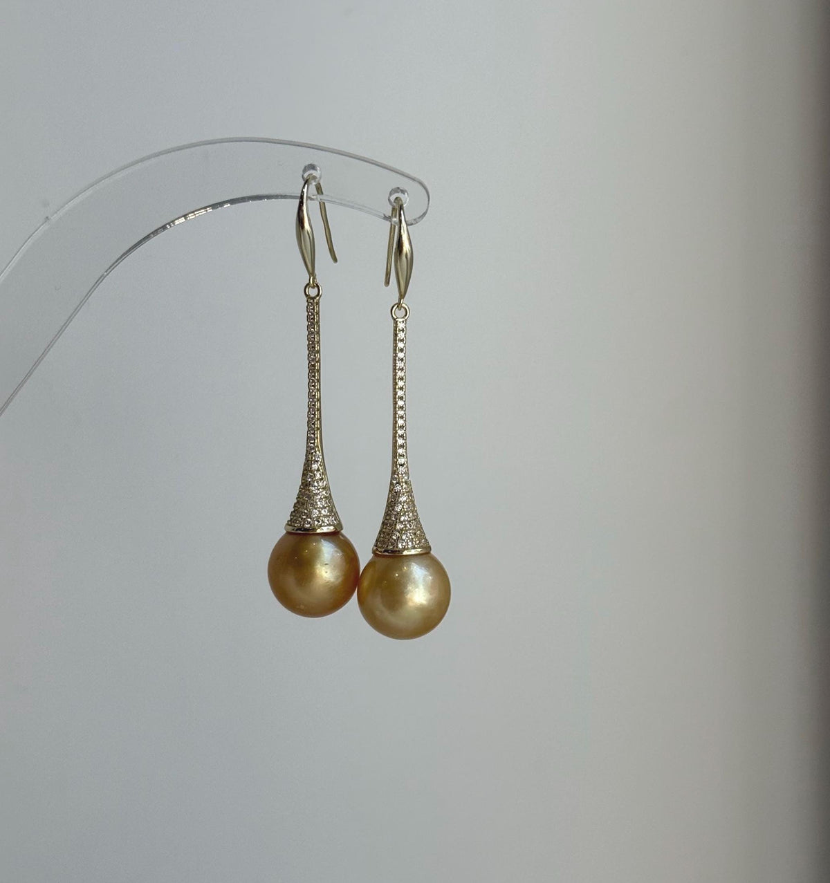 Elly’s 11mm Genius South sea deep golden ocean Pearls Earrings hooks: Extreme luster mirrored, 5.1cm high, S925 silver earrings. daily office earrings for her