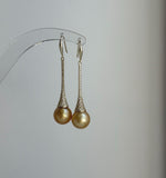 Elly’s 11mm Genius South sea deep golden ocean Pearls Earrings hooks: Extreme luster mirrored, 5.1cm high, S925 silver earrings. daily office earrings for her