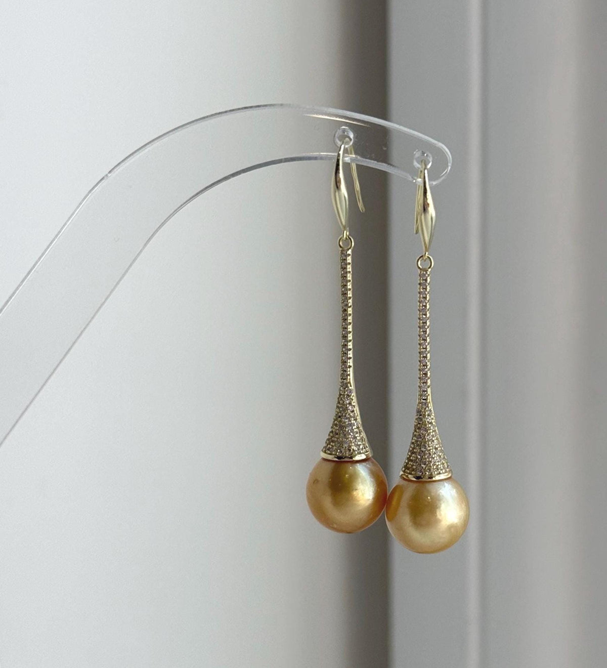 Elly’s 11mm Genius South sea deep golden ocean Pearls Earrings hooks: Extreme luster mirrored, 5.1cm high, S925 silver earrings. daily office earrings for her
