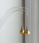 Elly’s 11mm Genius South sea deep golden ocean Pearls Earrings hooks: Extreme luster mirrored, 5.1cm high, S925 silver earrings. daily office earrings for her