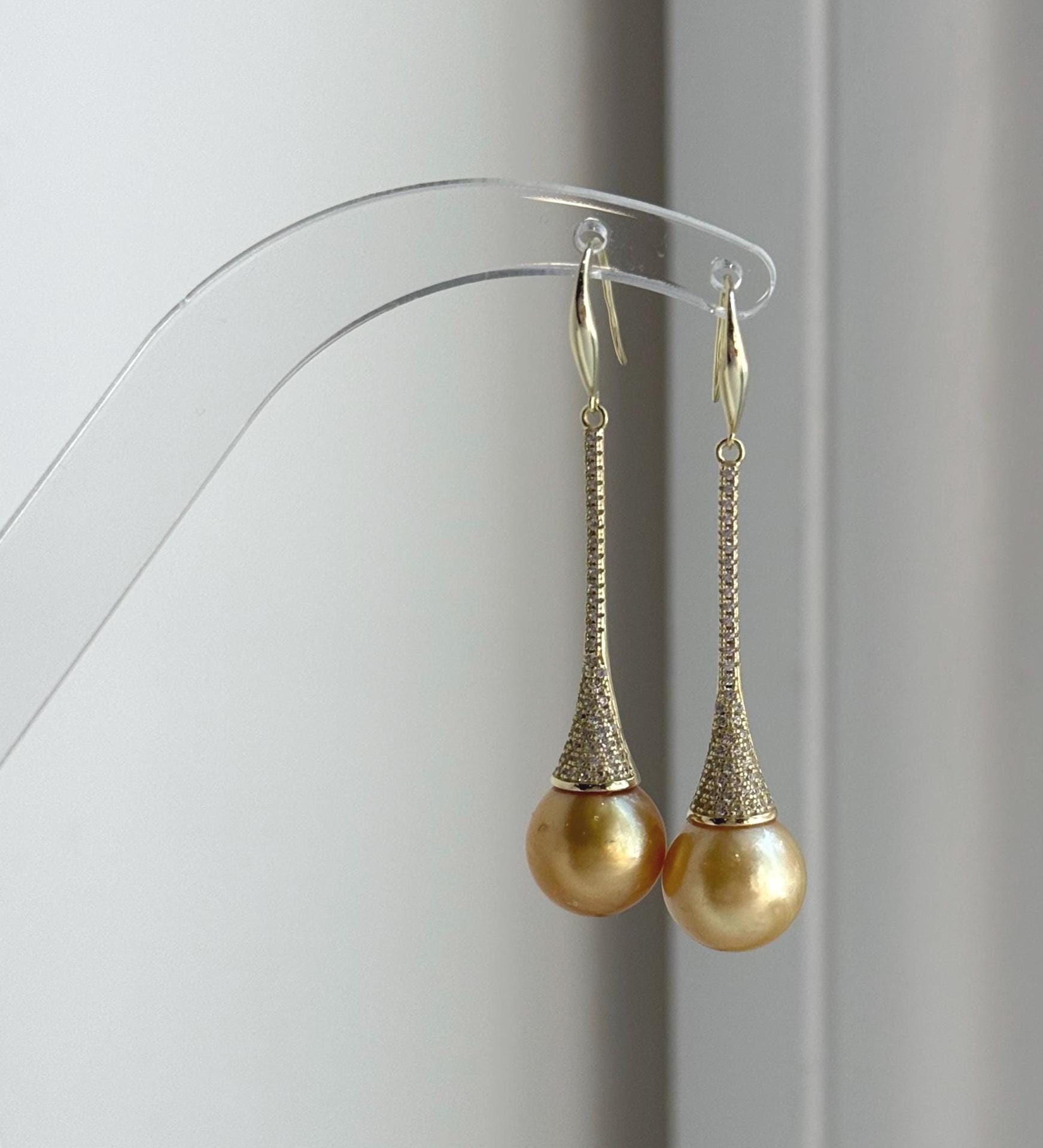 Elly’s 11mm Genius South sea deep golden ocean Pearls Earrings hooks: Extreme luster mirrored, 5.1cm high, S925 silver earrings. daily office earrings for her