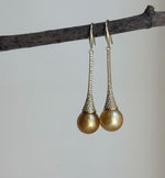 Elly’s 11mm Genius South sea deep golden ocean Pearls Earrings hooks: Extreme luster mirrored, 5.1cm high, S925 silver earrings. daily office earrings for her