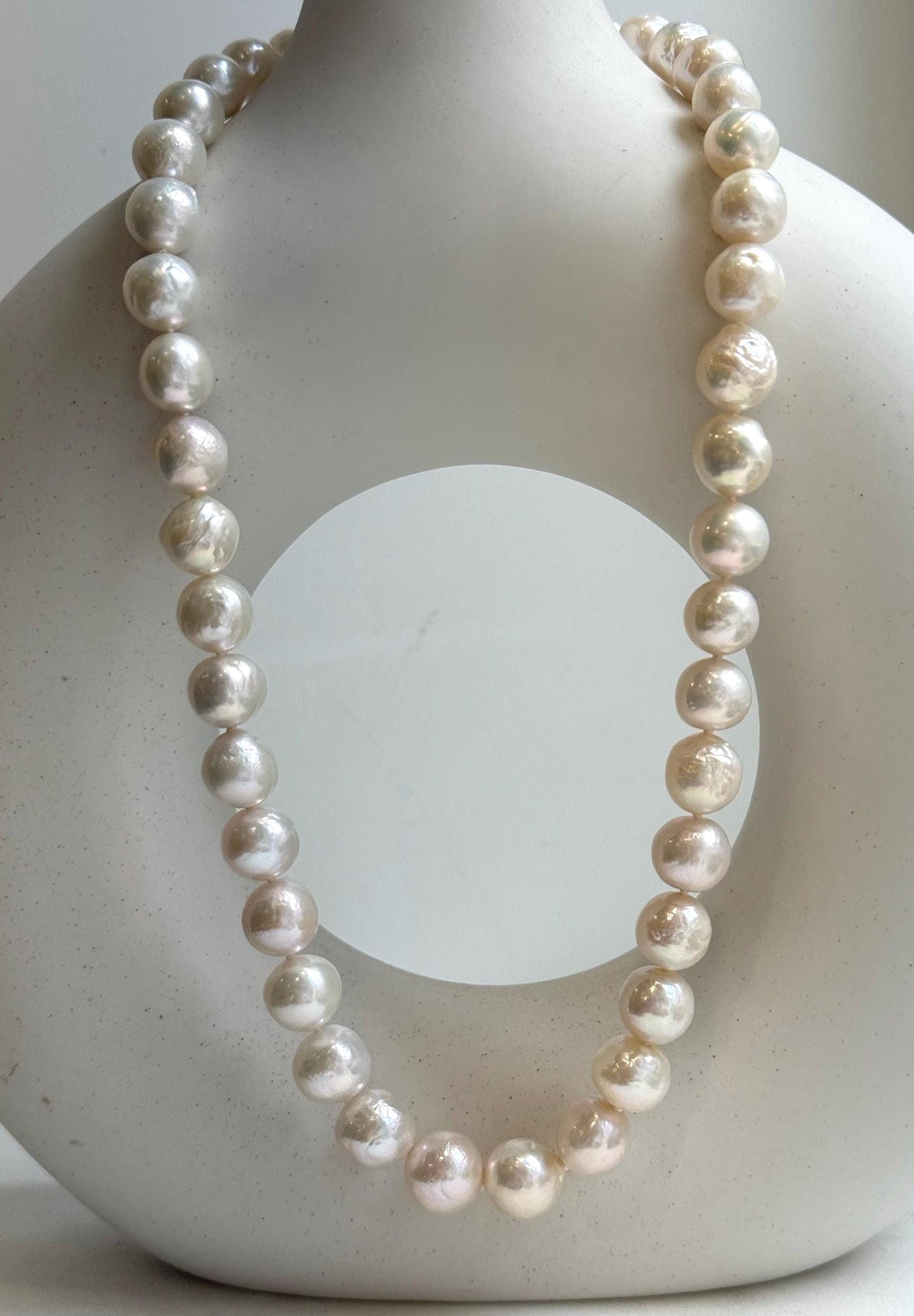 Elly’s 41pcs ivory Pop Crinkle Edison Pearls Necklace Strand: Extreme luster, 9.2-11.4mm, 17.5”, S925 silver necklace. gift for her Mother’s Day