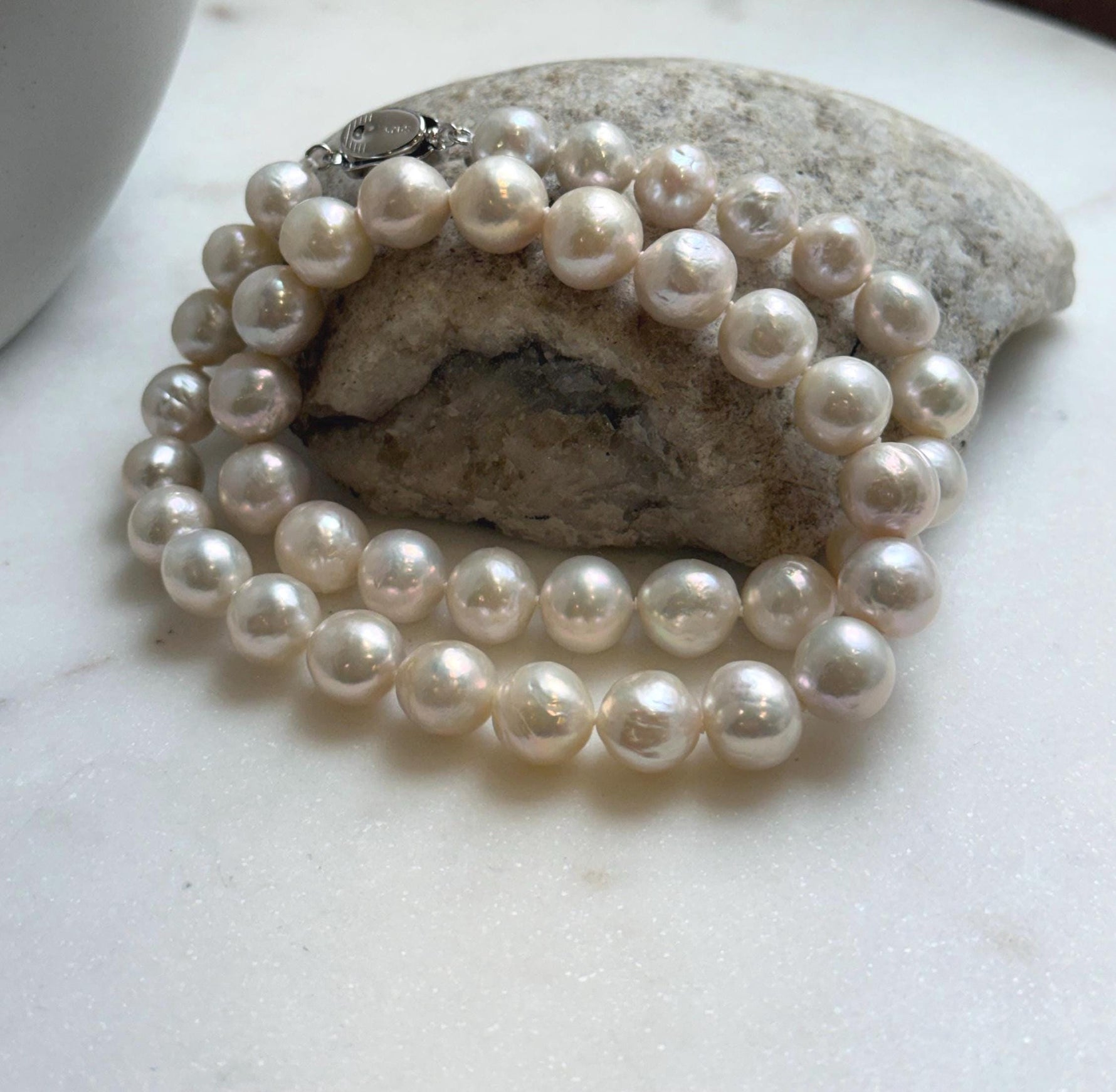 Elly’s 41pcs ivory Pop Crinkle Edison Pearls Necklace Strand: Extreme luster, 9.2-11.4mm, 17.5”, S925 silver necklace. gift for her Mother’s Day party